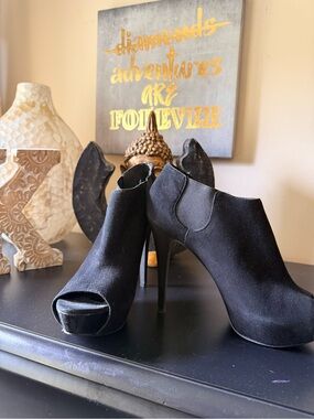 BCBGeneration Black Suede Peep-Toe Stiletto Ankle Booties